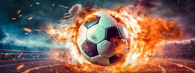 Voetbalbal in kleurrijke explosie van vuurenergie en bewegingssportprestaties Generatieve AI