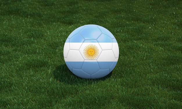 Voetbalbal met de kleuren van de vlag van Argentinië bij een stadion op groene grassen 3D illustratie als achtergrond