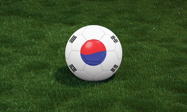 Voetbalbal met de vlagkleuren van Zuid-Korea bij een stadion op groene grassenachtergrond