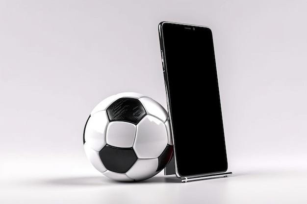 Voetbalbal met smartphone op witte achtergrondtoepassing voor het bekijken van voetbalwedstrijden