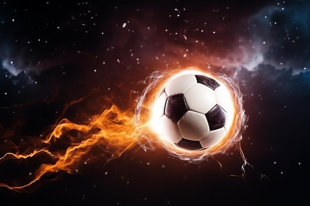 voetbalbal met vlammen en bliksem vliegen op de nachtelijke hemel donkere blauwe achtergrond