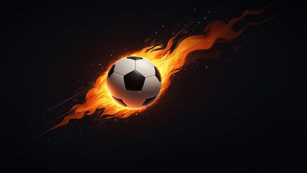 Foto voetbalbal met vuur in vlucht op een donkere achtergrond 2d stijl