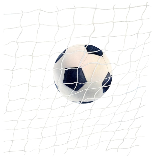 Voetbalbalbal en net waterverf tekening doel mesh schilderij geïsoleerd op witte achtergrond