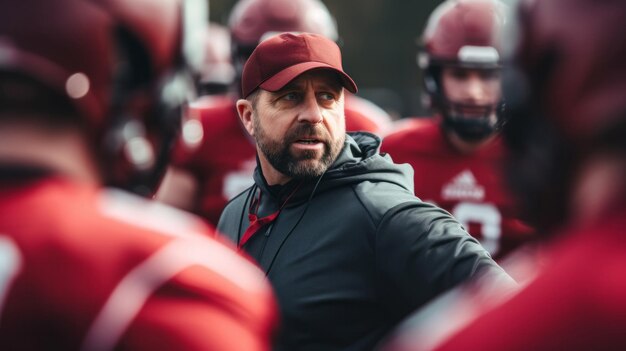 Voetbalcoach bespreekt strategie met spelers samen professioneel instructie-onderwijsconcept