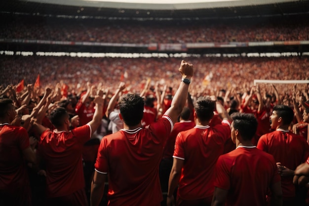 Voetbalfans juichen en vieren doelpunt in stadion generatieve ai-illustratie