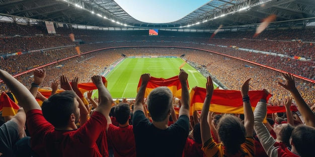 Voetbalfans maken een armgebaar in een stadion voor een sportevenement AIG41