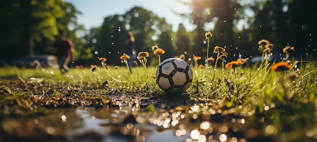 Voetbalgeest Een wandelaar die een voetbal schopt op een grasveld in de stijl van het spel