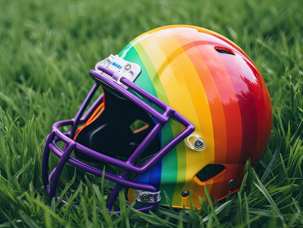 Voetbalhelm met de kleuren van de regenboog over een grasveld