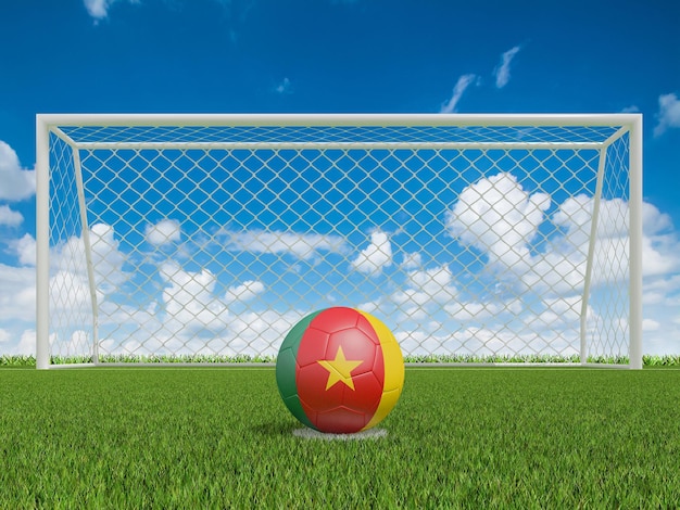 Voetballen in Kameroen vlaggen kleuren op voetbalveld 3D-rendering