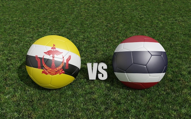 Voetballen in vlaggen kleuren op voetbalveld Brunei Darussalam met Thailand 3D-rendering