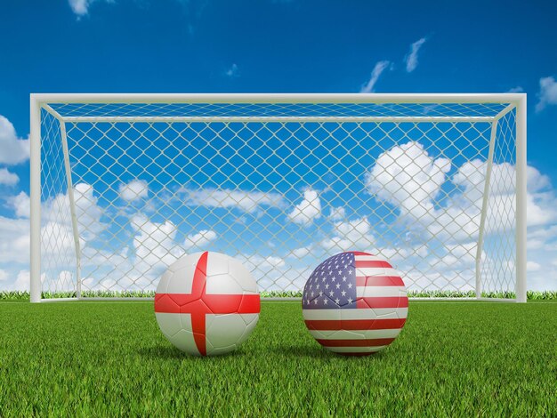 Voetballen in vlaggen kleuren op voetbalveld Engeland met Usa World Cup voetbalkampioenschap 2022 3D-rendering