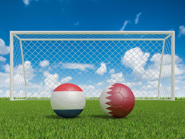 Voetballen in vlaggen kleuren op voetbalveld Nederland met Qatar World Cup voetbalkampioenschap 2022 3D-rendering