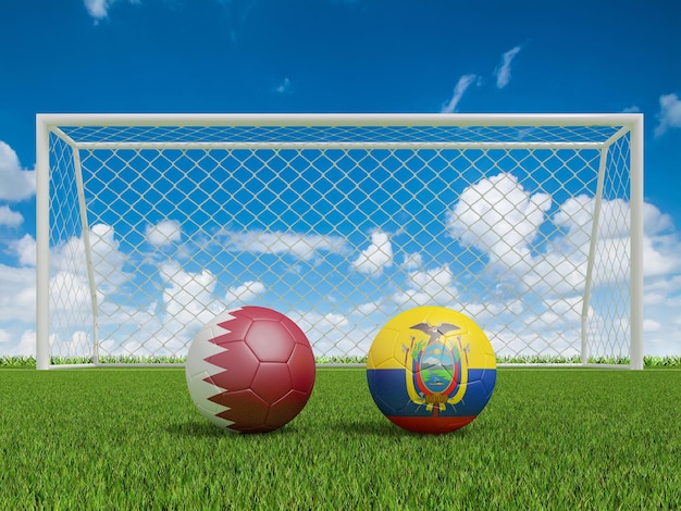 Voetballen in vlaggen kleuren op voetbalveld Qatar met Ecuador World Cup voetbalkampioenschap 2022 3D-rendering