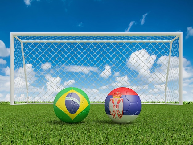 Voetballen in vlaggenkleuren op voetbalveld Brazilië met Servië 3D-rendering