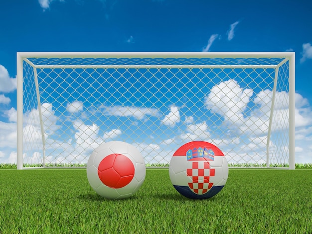 Voetballen in vlaggenkleuren op voetbalveld Japan met Kroatië 3D-rendering