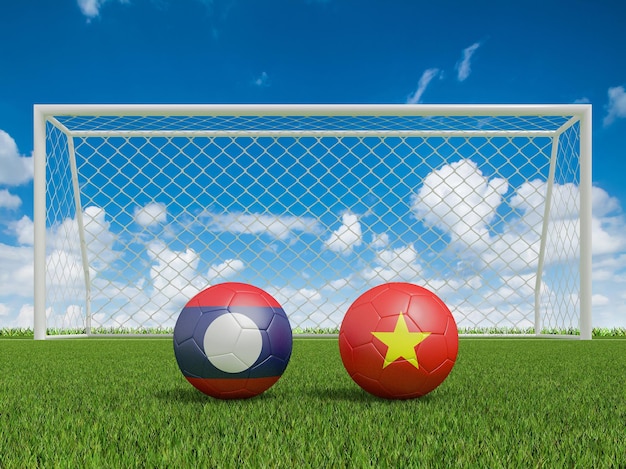 Voetballen in vlaggenkleuren op voetbalveld Laos met Vietnam 3D-rendering