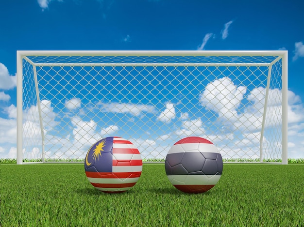 Voetballen in vlaggenkleuren op voetbalveld Maleisië met Thailand 3D-rendering