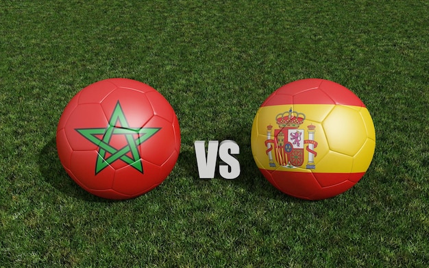 Voetballen in vlaggenkleuren op voetbalveld Marokko met Spanje 3D-rendering