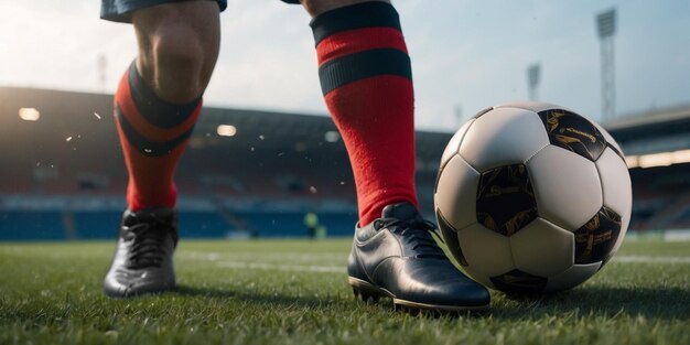 voetballer die met een bal op het veld van een voetbalstadion schopt, geïsoleerd op een zwarte achtergrond