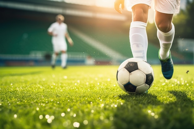 Voetballer in actie bal schoppen op gras