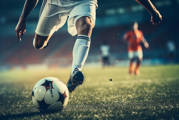 Voetballer in actie op het veld van het stadion met brandende bal