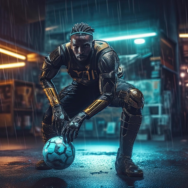 voetballer in de cyberpunk wereld