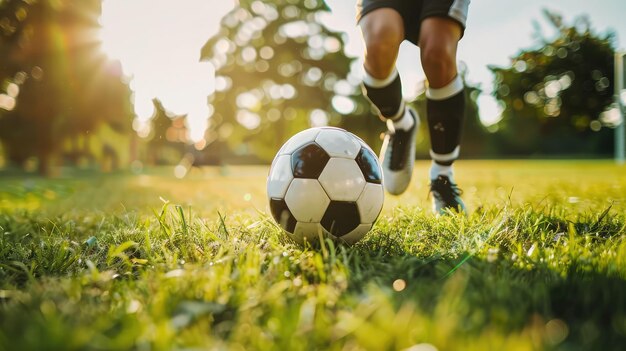 Voetballer met bal in actie buiten