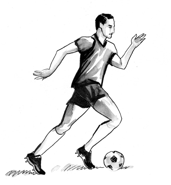 Voetballer met een bal. Inkt en aquarel tekenen