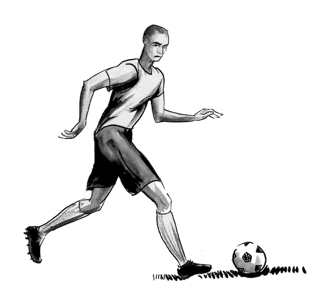 Voetballer met een bal. Inkt zwart-wit tekening