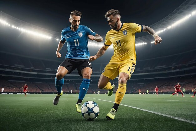 Voetballer of voetballer in actie op het stadion met zaklampenvrije schopbal voor het winnende doel