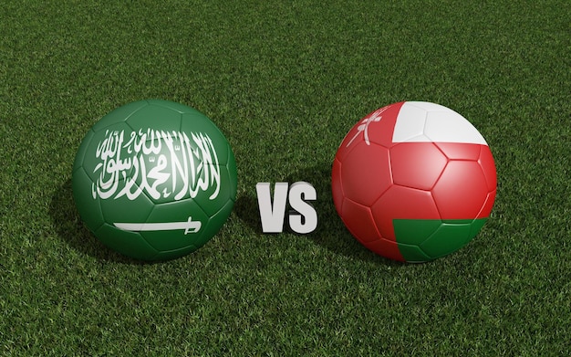Foto voetbals in vlaggen kleuren op gras saoedi-arabië met oman 2023 aziatische beker toernooi 3d rendering