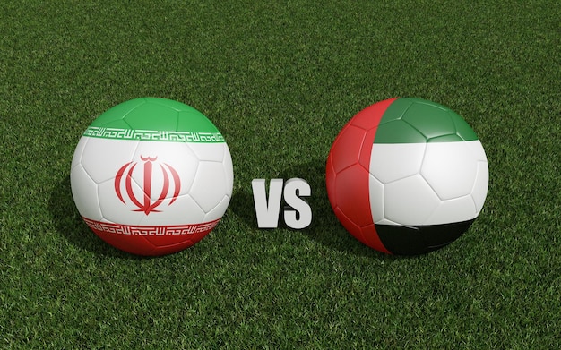Foto voetbals in vlaggenkleuren op gras iran met vae 2023 aziatische beker toernooi 3d-rendering