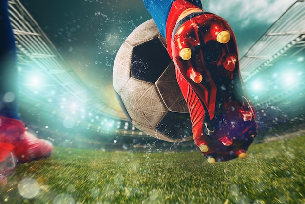 Voetbalscène bij nachtgelijke met close-up van een voetbalschoen die de bal met macht raakt.