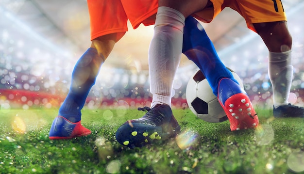 Foto voetbalscène met concurrerende voetballers in het stadion