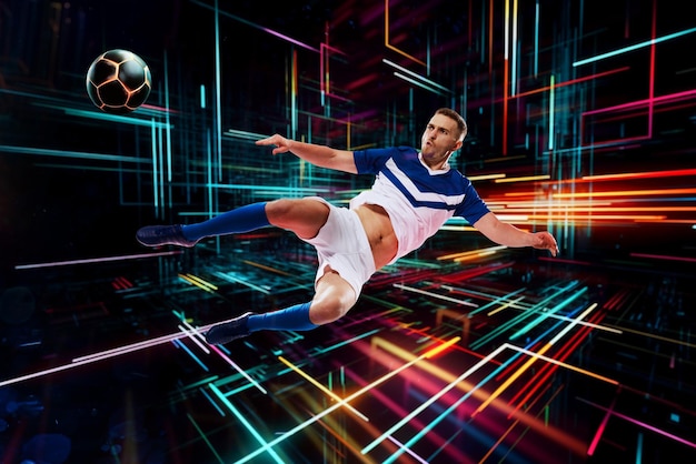 Voetbalscène met voetballer op futuristische digitale generatieve ai als achtergrond