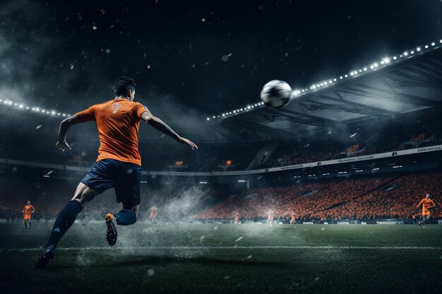 Voetbalscene's nachts met een speler in een oranje en blauw uniform die de strafschop schopt