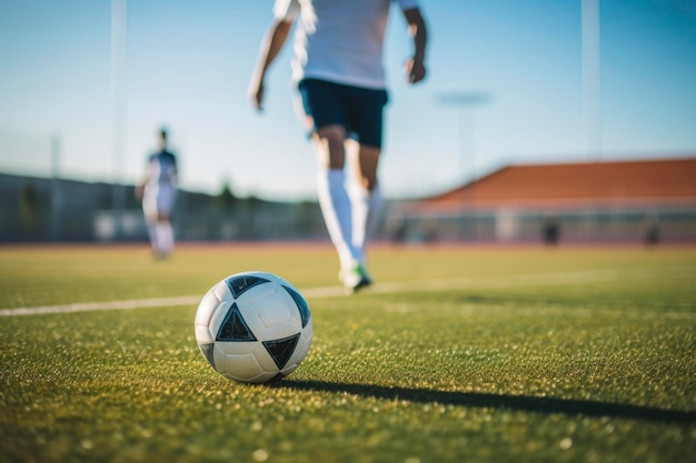 Voetbalspeler met bal op het gras