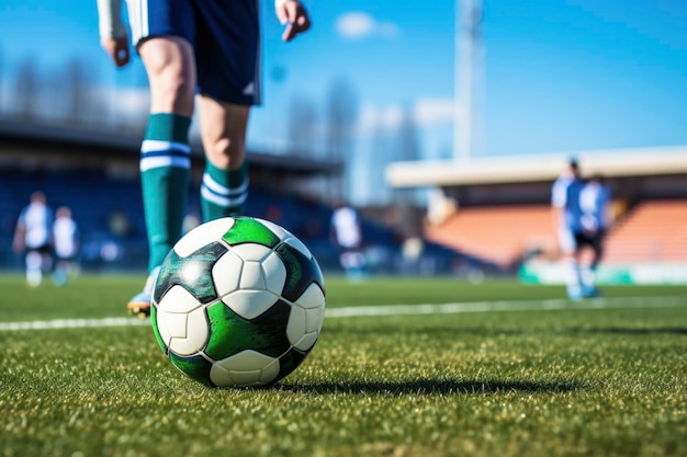 Voetbalspeler met bal op het gras