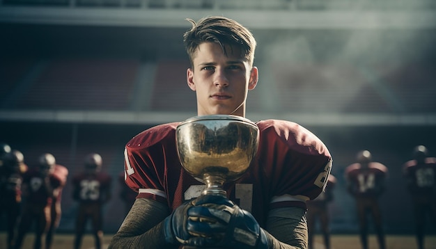 Foto voetbalspeler met een trofee op het platform