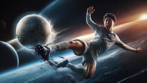 Voetbalspeler schopt de voetbal in de ruimte