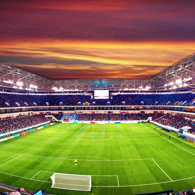 Voetbalstadion, glanzende lichten, uitzicht vanaf het veld. voetbal concept
