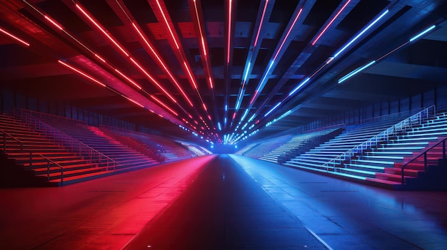 voetbalstadion in de avond rood en blauw kleur neon licht