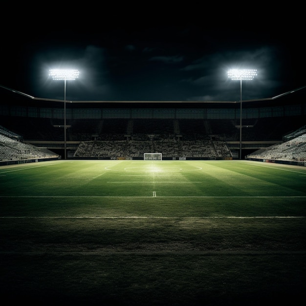Foto voetbalstadion met groen gras en blauwe hemel en 's nachts