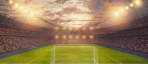 Voetbalstadion met publiek bij zonsondergang vol voor een wedstrijd d rendering