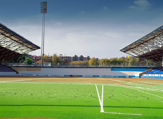 Foto voetbalstadion's nachts een denkbeeldig stadion wordt gemodelleerd en weergegeven