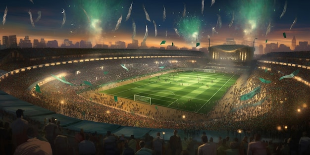 Voetbalstadion 's nachts met groen gras en drukte op de achtergrond