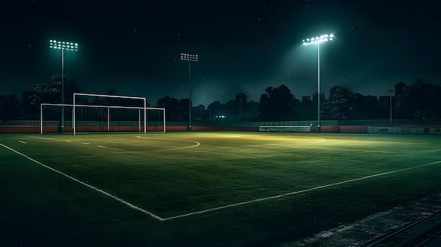 Voetbalstadion's nachts met lichten en schijnwerpers Gemengde media
