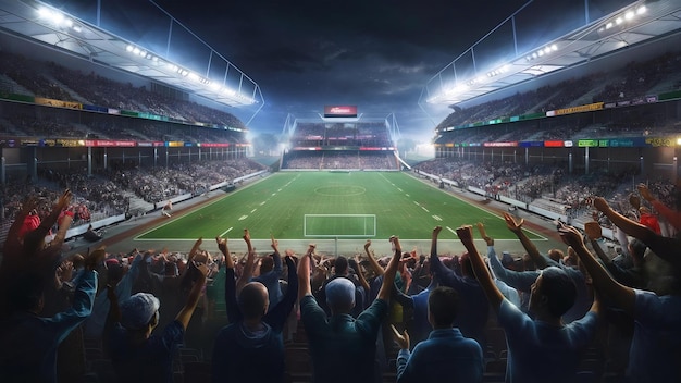 Voetbalstadion's nachts met publiek fans 3d rendering