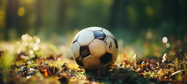 Foto voetbalster voetballer in het gras met voetbal