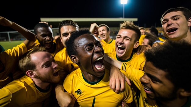 Voetbalteam viert een doelpunt in een vreugdevol en zegevierend moment